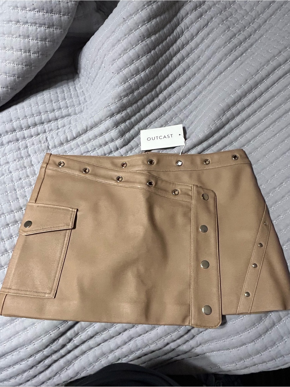 Outcast Tan Faux Leather Mini Skirt with Snap and Pocket Detail